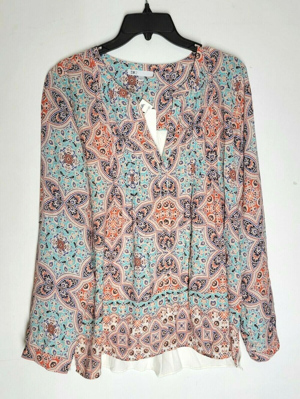NWT DR 2 Women's Tunic Pearl Buttons Up Ruffles Hem Roll Tap Long Sleeve Size L
